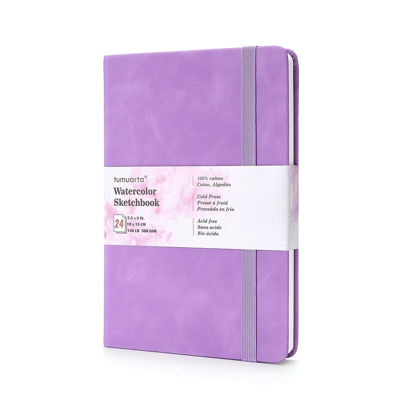 tumuarta 100% Cotton Watercolor Journal Sketchbook, Cold Press, 7.5x5 in, 140 LB, 300GSM, Acid Free, 24 Sheets,48 Pages, Watercolor Journal for Use As Travel Notebook and Mixed Media Pad On The Go - Image 1