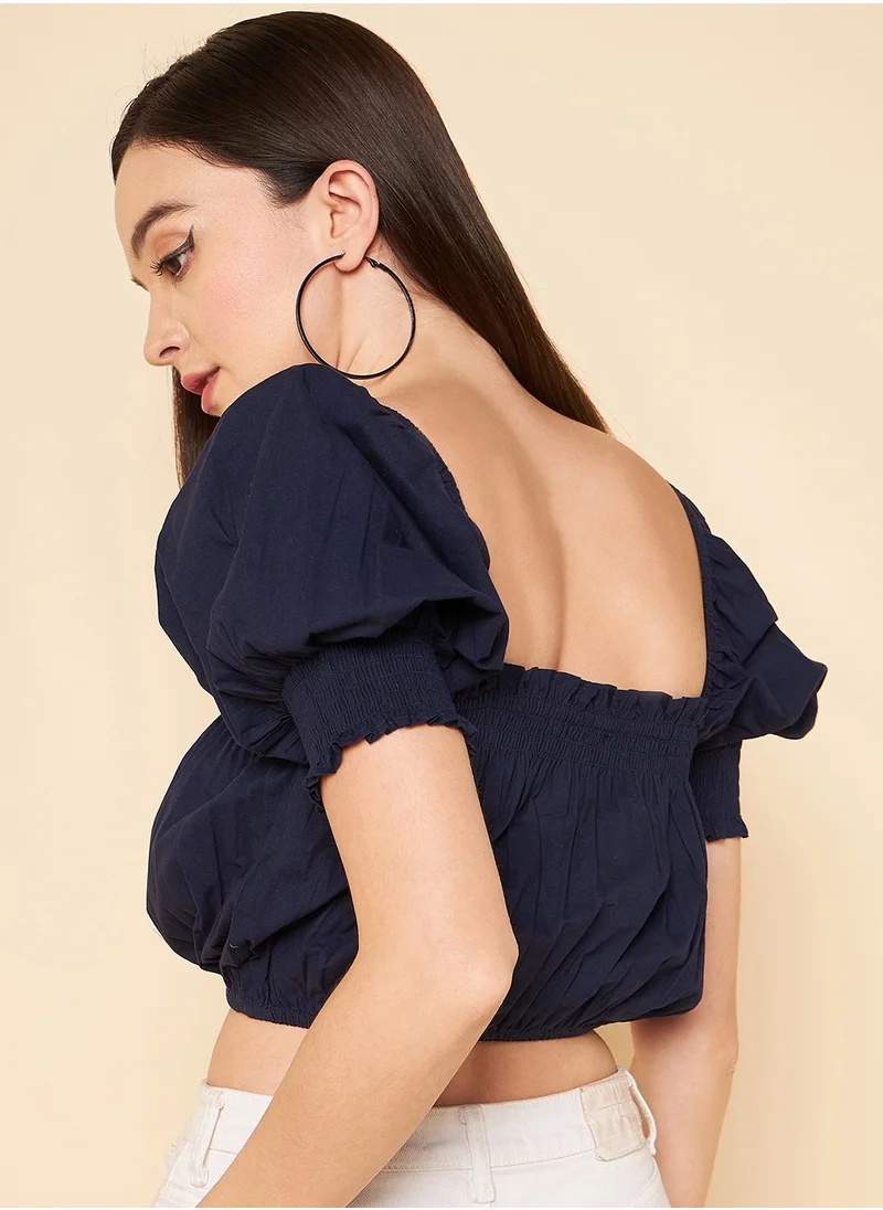 HIGH STAR Crop Navy Blouson Top for Women, Puff Sleeves