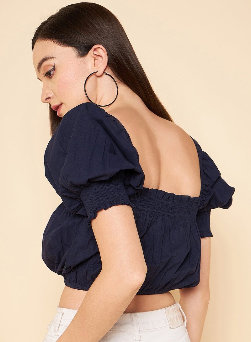 هاي ستار بلوز كروب نسائي كحلي بأكمام منفوشة - Image 3