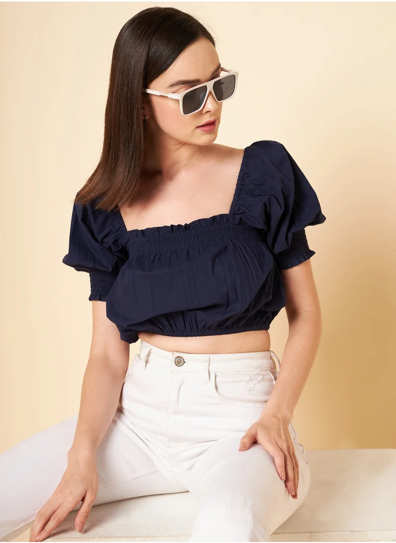 HIGH STAR Crop Navy Blouson Top for Women, Puff Sleeves