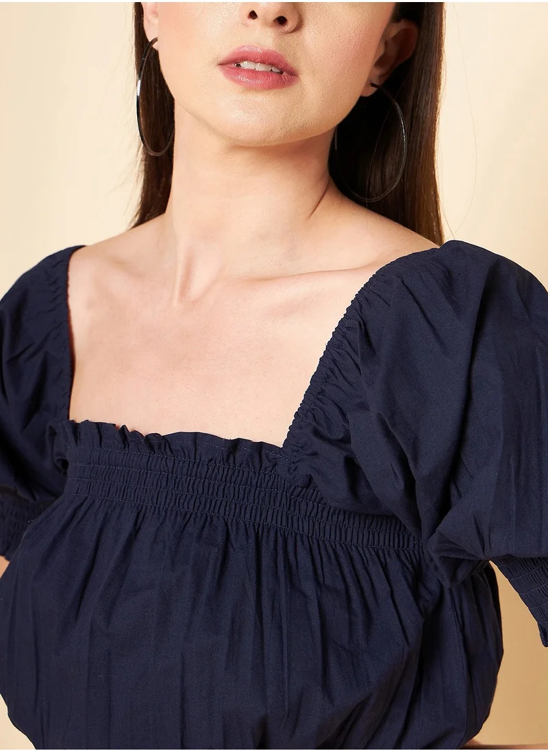 HIGH STAR Crop Navy Blouson Top for Women, Puff Sleeves