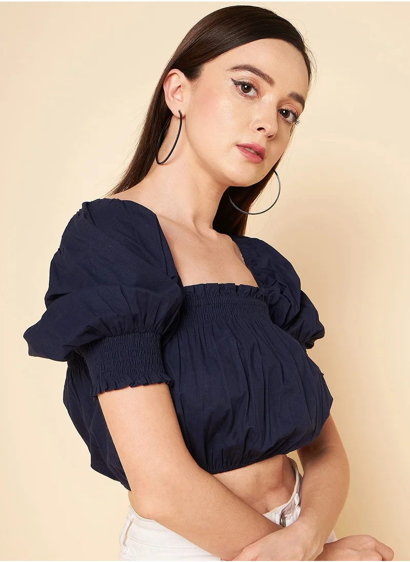 HIGH STAR Crop Navy Blouson Top for Women, Puff Sleeves