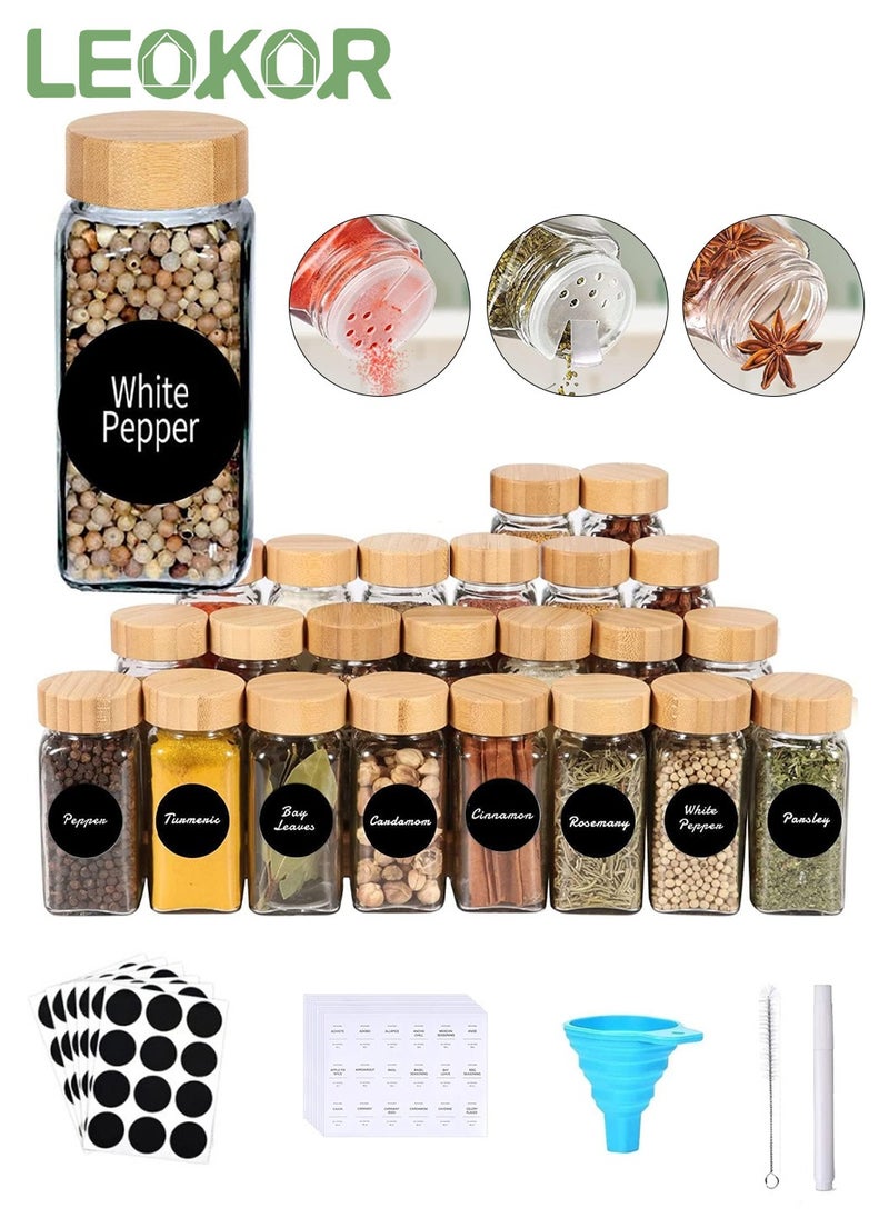 LEOKOR 24 Pcs Glass Spice Jars 4oz Empty Square Spice Containers, Glass Food Storage Containers Jars with Bamboo Lids, Labels Stickers,Silicone Collapsible Funnel  - Image 1