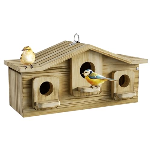 Auslar Bird House Bird Houses for Outside for 3 Bird Families Wooden Birdhouse for Outdoors 3 Hole Hanging Bluebird House for Cardinals Finch Wren Swallow for Garden Viewing - Image 1
