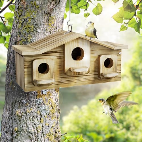 Auslar Bird House Bird Houses for Outside for 3 Bird Families Wooden Birdhouse for Outdoors 3 Hole Hanging Bluebird House for Cardinals Finch Wren Swallow for Garden Viewing - Image 3