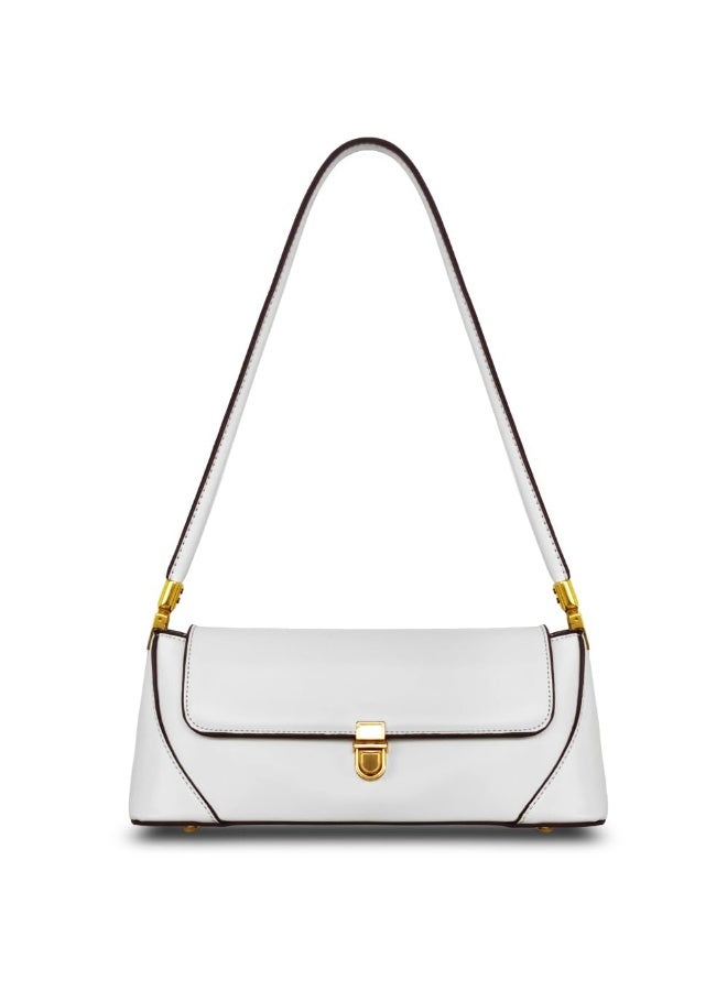 Women's Mousse White Vegan Leather Shoulder Bag with Gold Hardware, 11x3.7x4.5 inches