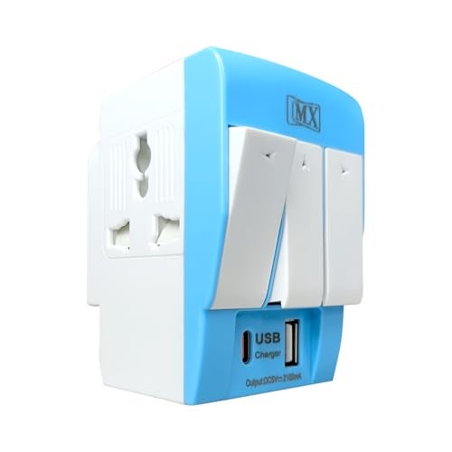 MX Type-C PD & USB 3-Pin Multi Plug Socket – Worldwide Universal Travel Adapter with USB Ports, Individual Switch LED, 3-Way Extension Board (5A-250V), Type D Plug, Multicolor - Image 1