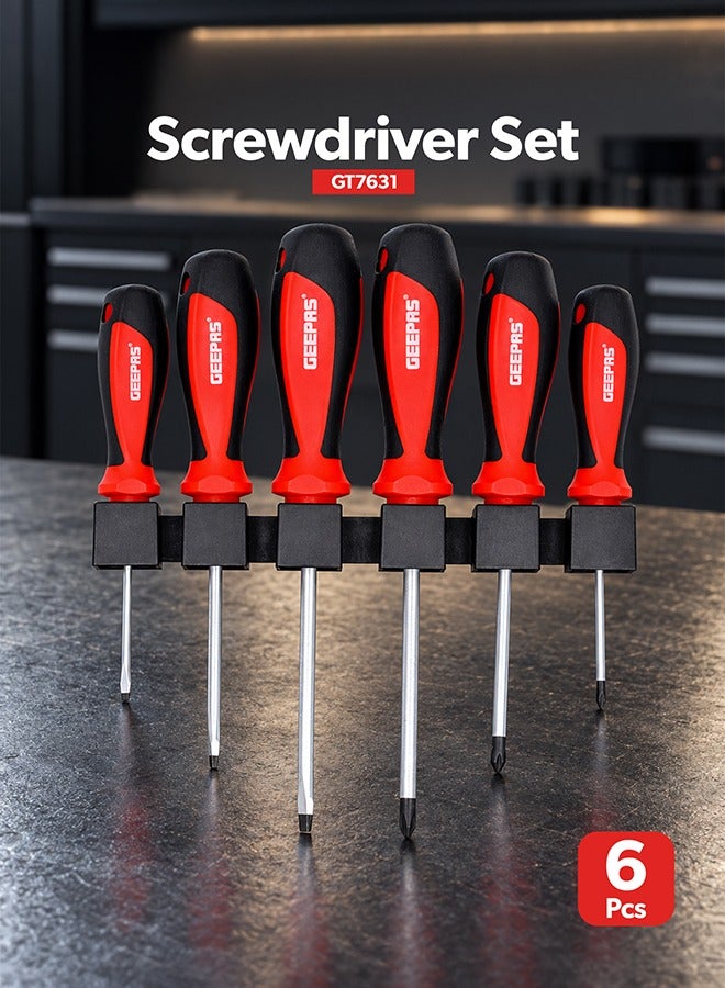 GEEPAS Screwdriver Set - 6Pcs, General Purpose Screwdriver| Rubber Insulated Handle for Comfortable Grip | Slotted & Phillips Screwdriver | Double Blister Package Red/Black/Silver - Image 1