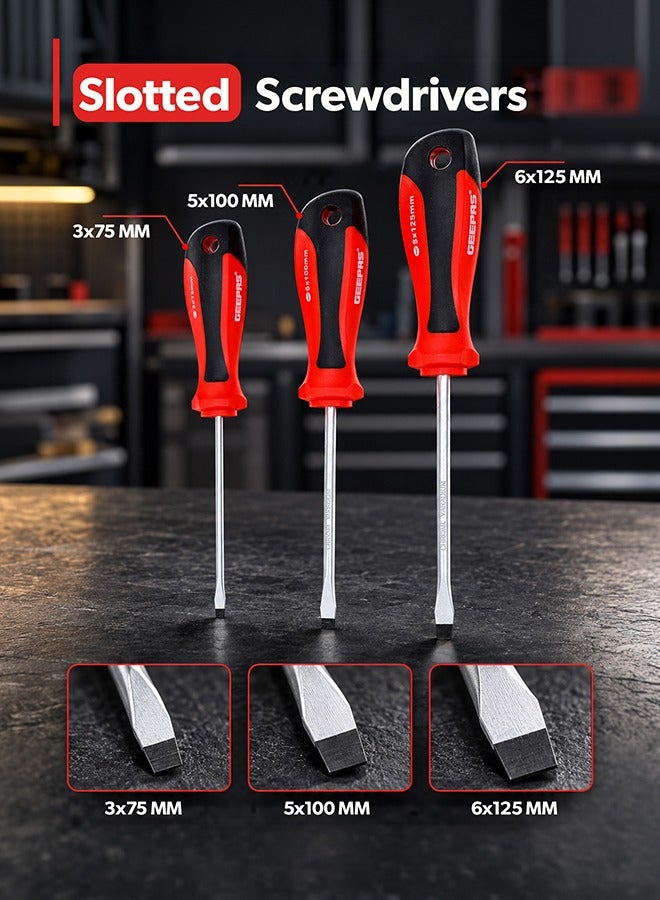 GEEPAS Screwdriver Set - 6Pcs, General Purpose Screwdriver| Rubber Insulated Handle for Comfortable Grip | Slotted & Phillips Screwdriver | Double Blister Package Red/Black/Silver - Image 2