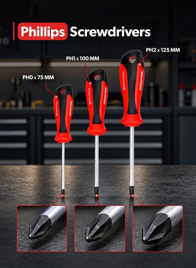 GEEPAS Screwdriver Set - 6Pcs, General Purpose Screwdriver| Rubber Insulated Handle for Comfortable Grip | Slotted & Phillips Screwdriver | Double Blister Package Red/Black/Silver - Image 3