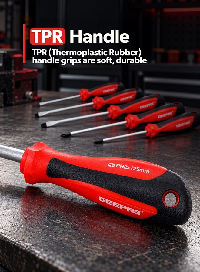 GEEPAS Screwdriver Set - 6Pcs, General Purpose Screwdriver| Rubber Insulated Handle for Comfortable Grip | Slotted & Phillips Screwdriver | Double Blister Package Red/Black/Silver - Image 4