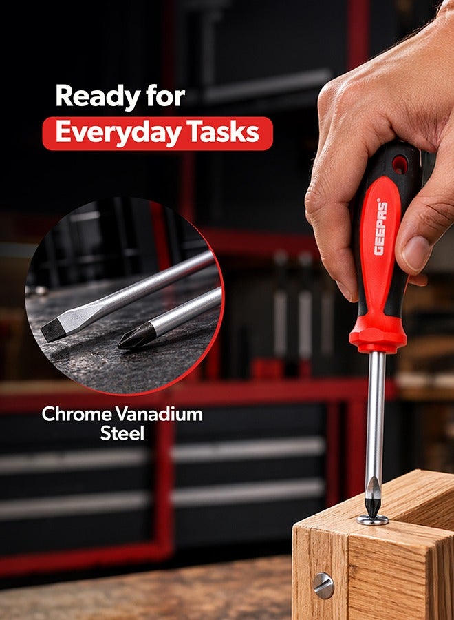 GEEPAS Screwdriver Set - 6Pcs, General Purpose Screwdriver| Rubber Insulated Handle for Comfortable Grip | Slotted & Phillips Screwdriver | Double Blister Package Red/Black/Silver - Image 5