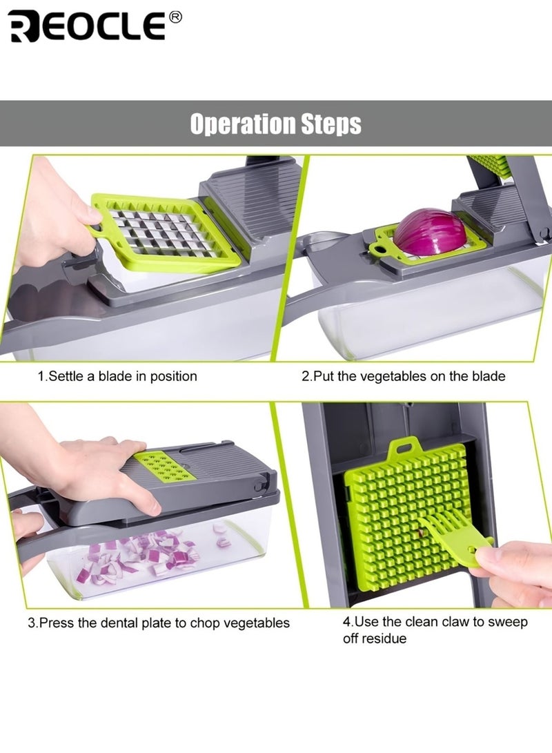 REOCLE 14pcs Multifunctional Vegetable and Fruit Slicer Kit Manual Food Processor with Container Drain Basket Handle Food Grater Cutting Machine with Container Onion Chopper Perfect for Picnic Cooking Outdoor Camping Kitchen - Image 3