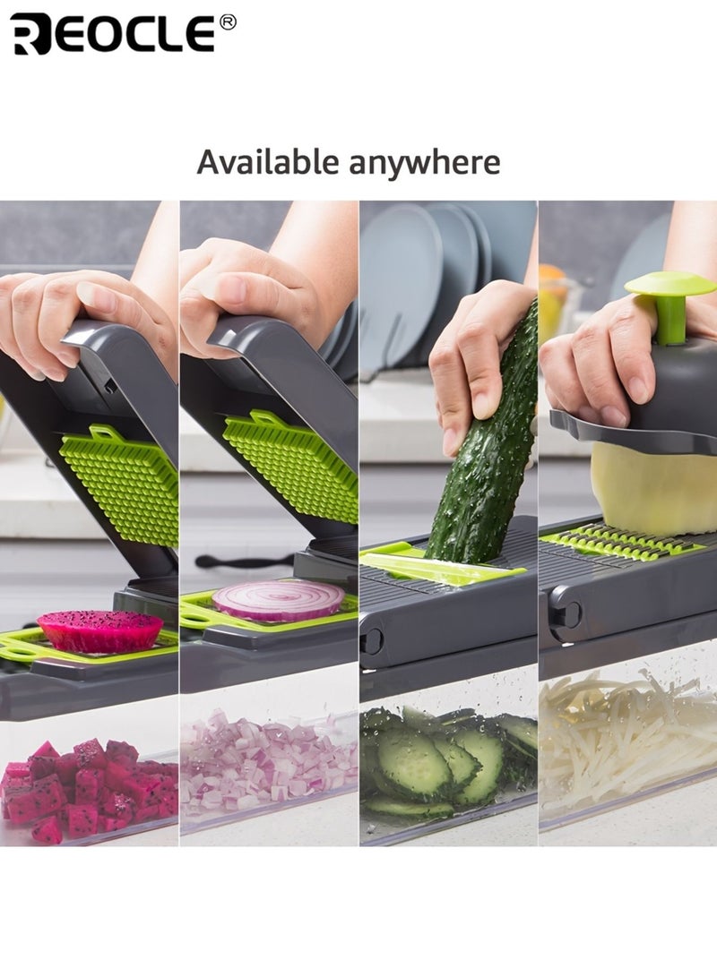 REOCLE 14pcs Multifunctional Vegetable and Fruit Slicer Kit Manual Food Processor with Container Drain Basket Handle Food Grater Cutting Machine with Container Onion Chopper Perfect for Picnic Cooking Outdoor Camping Kitchen - Image 2