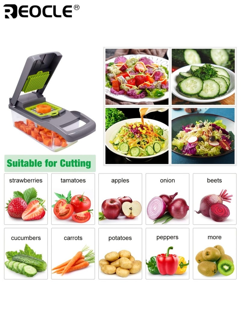 REOCLE 14pcs Multifunctional Vegetable and Fruit Slicer Kit Manual Food Processor with Container Drain Basket Handle Food Grater Cutting Machine with Container Onion Chopper Perfect for Picnic Cooking Outdoor Camping Kitchen - Image 5