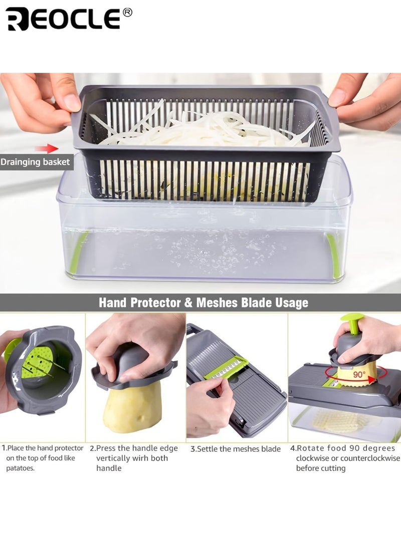 REOCLE 14pcs Multifunctional Vegetable and Fruit Slicer Kit Manual Food Processor with Container Drain Basket Handle Food Grater Cutting Machine with Container Onion Chopper Perfect for Picnic Cooking Outdoor Camping Kitchen - Image 4