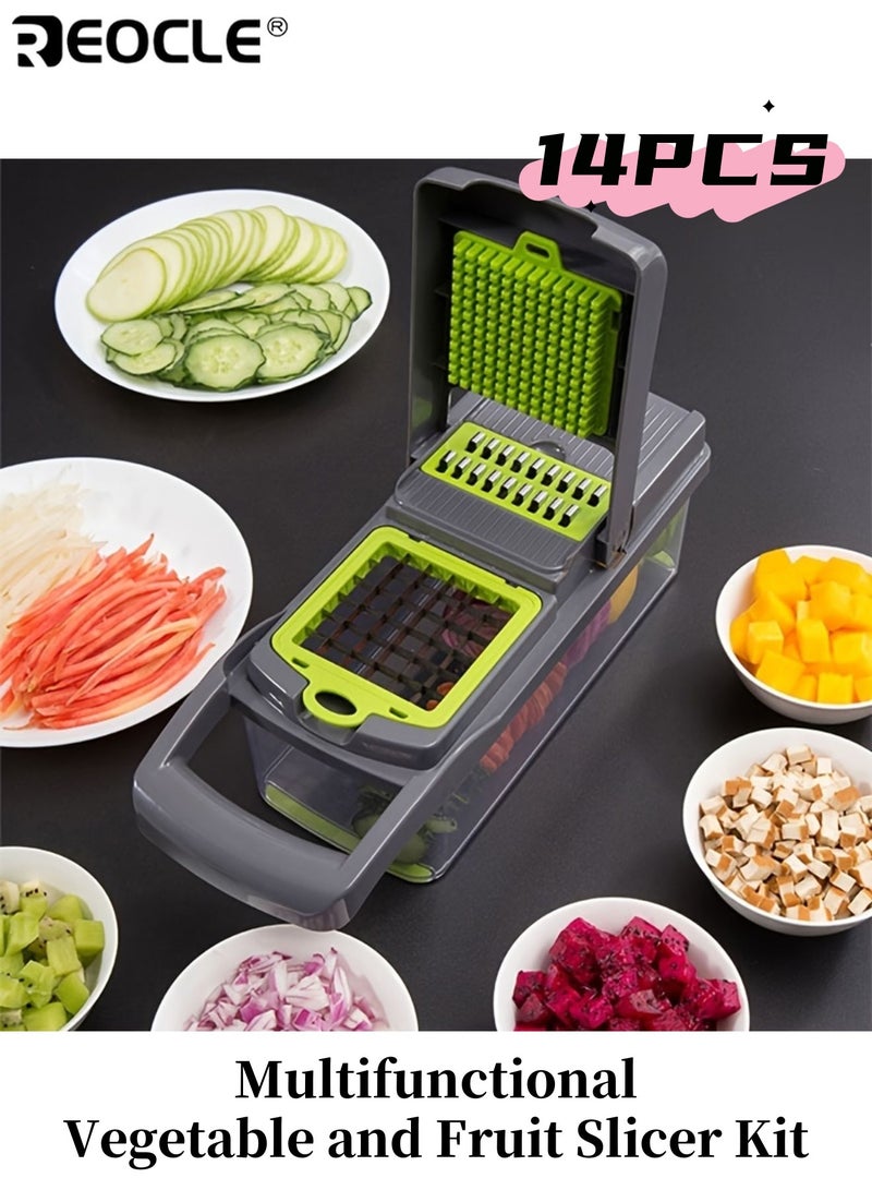 REOCLE 14pcs Multifunctional Vegetable and Fruit Slicer Kit Manual Food Processor with Container Drain Basket Handle Food Grater Cutting Machine with Container Onion Chopper Perfect for Picnic Cooking Outdoor Camping Kitchen - Image 1