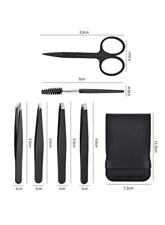 NIBEMINENT 6-Piece Eyebrow Tweezer Set With Storage Bag Black/Silver - Image 1
