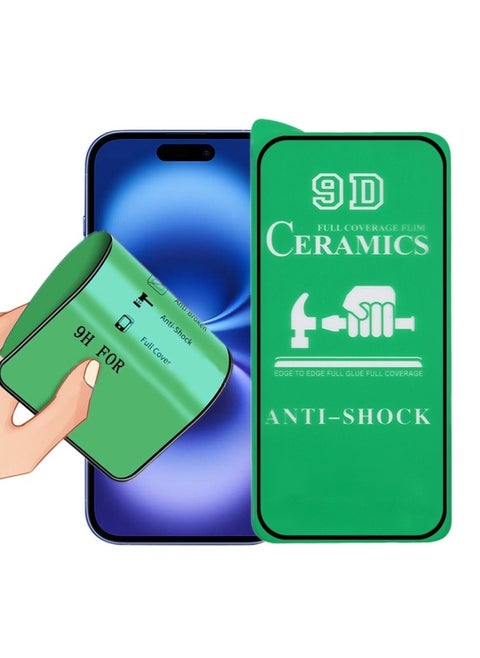واقي شاشة متوافق مع iPhone 16 5G واقي شاشة مضاد للتوهج ومضاد لبصمات الأصابع بتقنية اللمس ثلاثي الأبعاد سهل التركيب، غشاء سيراميك كامل اللصق (ليس زجاجًا) شفاف/أسود