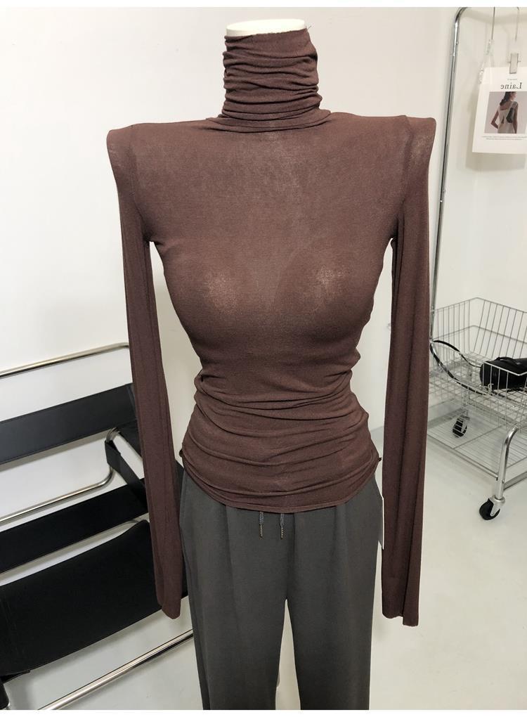Match hao unique child ~ thin soft high collar micro-transparent long sleeve T-shirt pile collar base shirt jacket Deep coffee. 