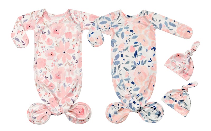 Vollmic Newborn Baby Sleeper Gown with Mittens Long Sleeve Nightgown Baby Coming Home Outfit with Hat 2 Pieces (Light Pink and Ink Pink, 0-3 Month) - Image 1