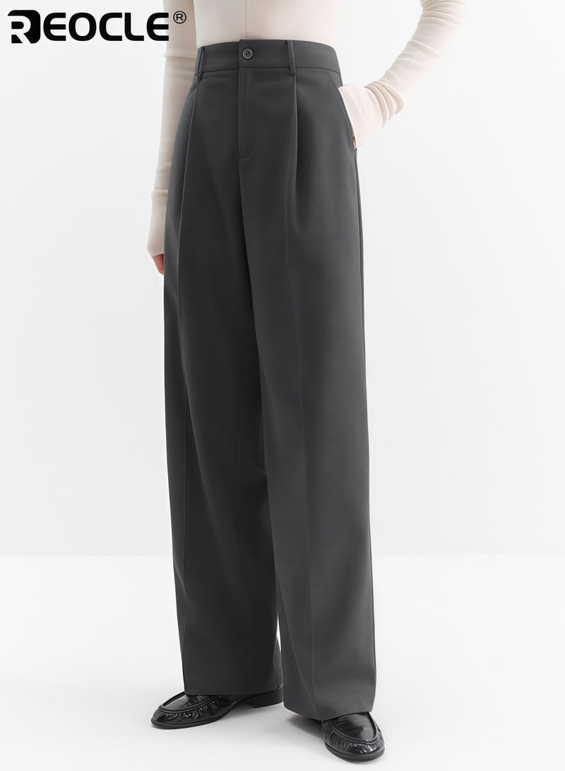 ريوكل سراويل نسائية واسعة الساق بتصميم بحزام عالٍ وميزة قماش البدلة، تعد بنطالًا أنيقًا بأناقة متدفقة لمظهر مكتبي - Image 2