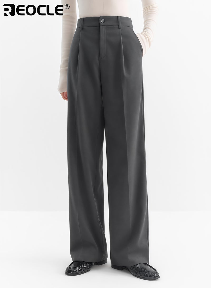 ريوكل سراويل نسائية واسعة الساق بتصميم بحزام عالٍ وميزة قماش البدلة، تعد بنطالًا أنيقًا بأناقة متدفقة لمظهر مكتبي - Image 1