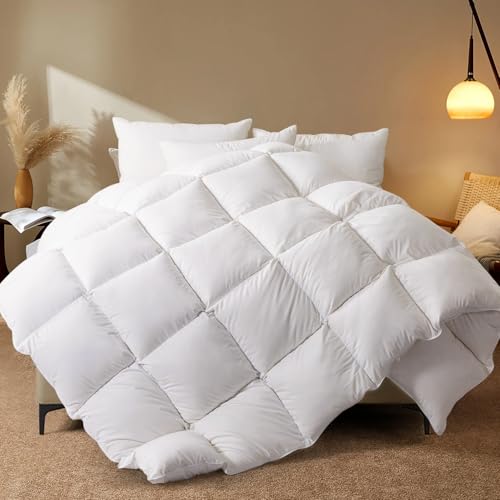 WhatsBedding Feather Comforter Filled with Feather and Down Fiber White Full Size All Season Luxurious Hotel Bed Comforter100 Cotton Cover Medium Warmth Duvet Insert with Corner Tabs82x86 Inch