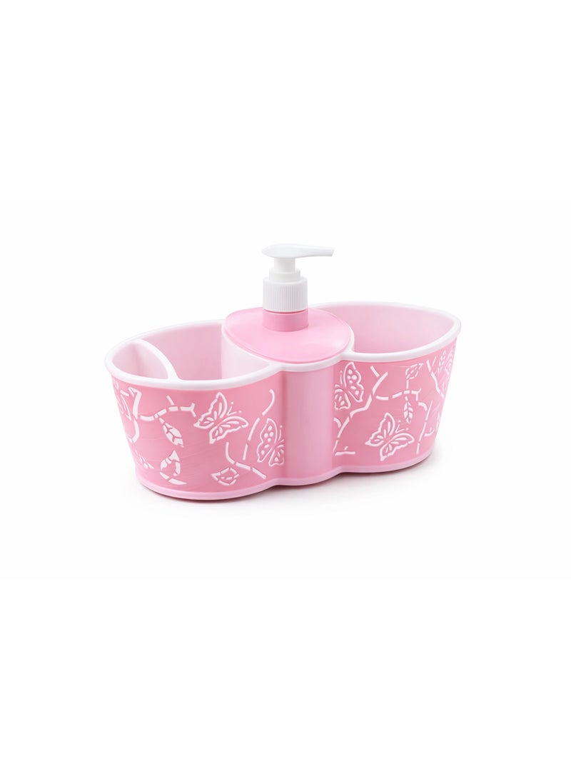 Plastic Kitchen Sink Organizer Caddy with Liquid Soap Dispenser Pump and Sponge Holder, Butterfly Design - Pink - Image 1