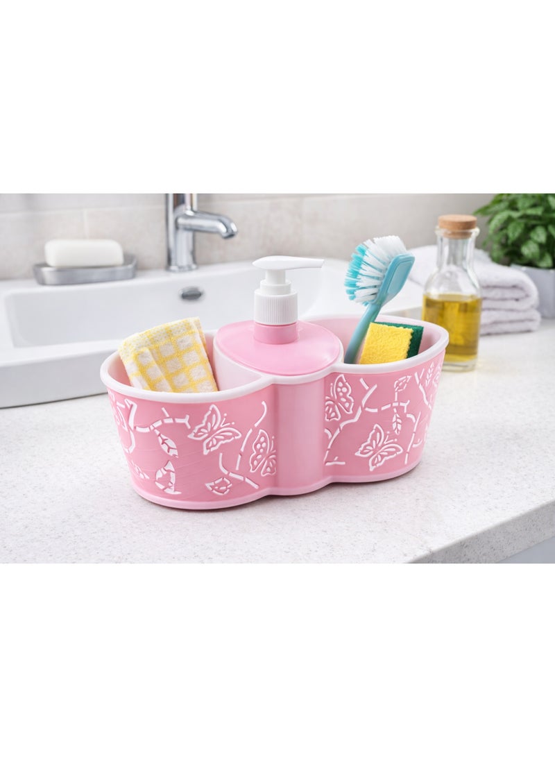 Plastic Kitchen Sink Organizer Caddy with Liquid Soap Dispenser Pump and Sponge Holder, Butterfly Design - Pink - Image 2