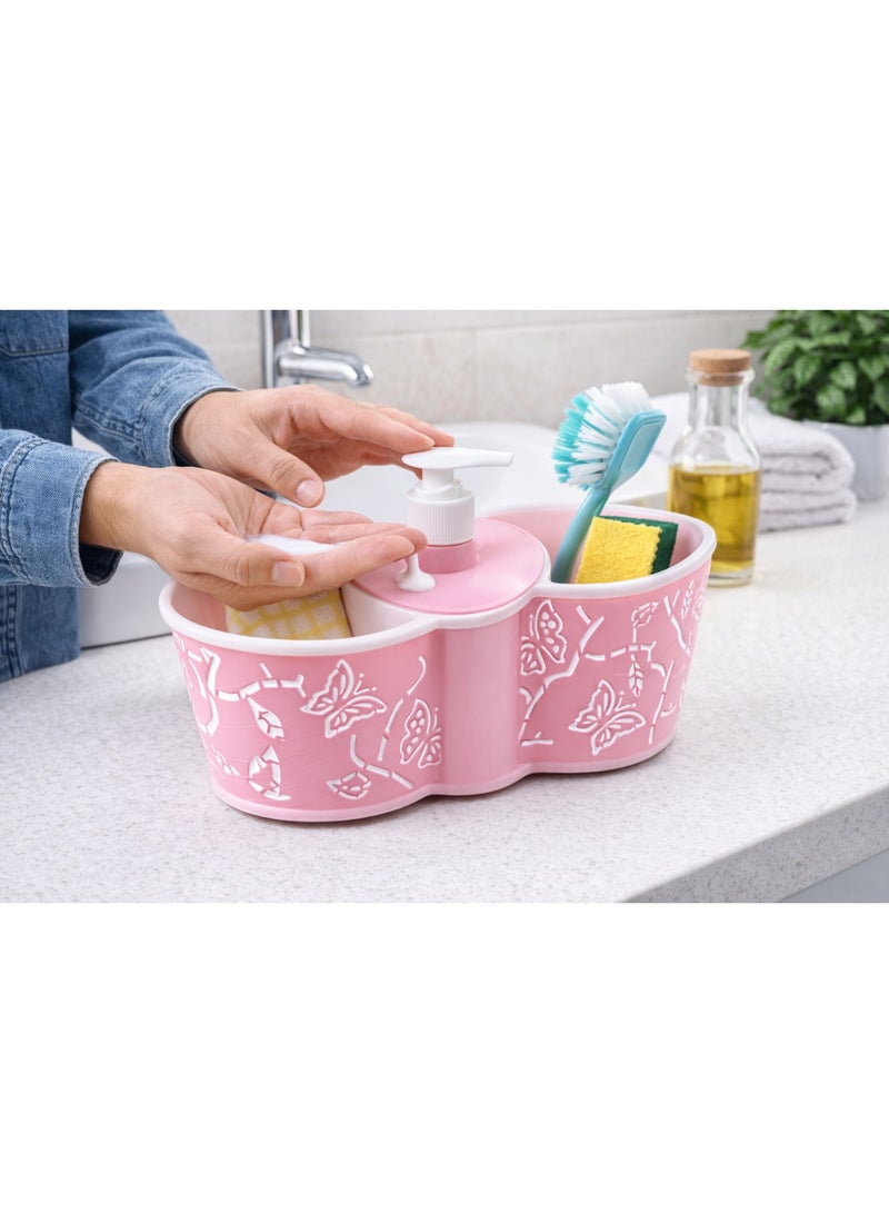 Plastic Kitchen Sink Organizer Caddy with Liquid Soap Dispenser Pump and Sponge Holder, Butterfly Design - Pink - Image 3