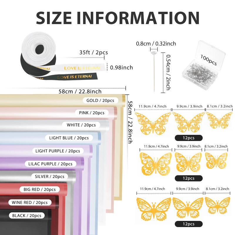 NESCCI 200 Sheets Flower Wrapping Paper - Waterproof Florist Bouquet Paper,70Ft Satin Ribbon, 36 Pcs 3D Butterflies 100 PCS Flower Pins for Wedding Birthday Gift DIY(Translucent Multicolored) - Image 2