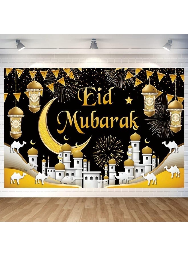 CLENEA Ramadan Backdrop Decorations Eid Mubarak Banner Black Gold 70.8 x 43.7 Inch (Polyester) - Image 1