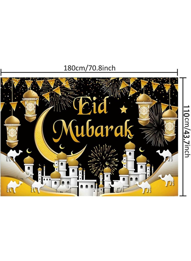 CLENEA Ramadan Backdrop Decorations Eid Mubarak Banner Black Gold 70.8 x 43.7 Inch (Polyester) - Image 2