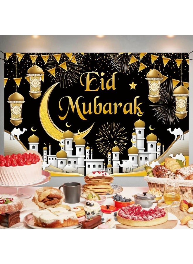 CLENEA Ramadan Backdrop Decorations Eid Mubarak Banner Black Gold 70.8 x 43.7 Inch (Polyester) - Image 4