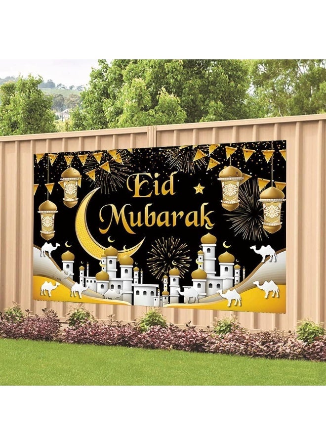 CLENEA Ramadan Backdrop Decorations Eid Mubarak Banner Black Gold 70.8 x 43.7 Inch (Polyester) - Image 5