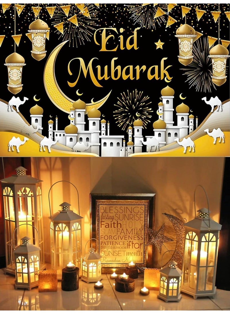 CLENEA Ramadan Backdrop Decorations Eid Mubarak Banner Black Gold 70.8 x 43.7 Inch (Polyester) - Image 3