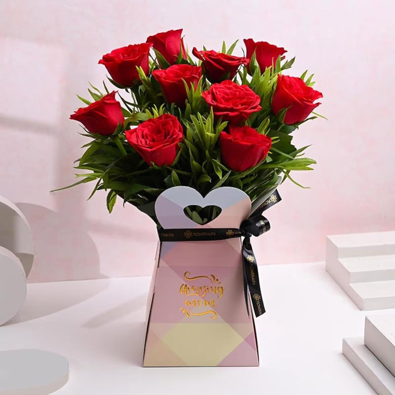 FlowerAura Fresh Live 10 Red Roses In Box Flower Bouquet With Candle Greeting Card Gift For Mother Gift For Mom Gift For Maa Gift For MotherInLaw Mothers Day Gift Same Day Delivery - Image 2