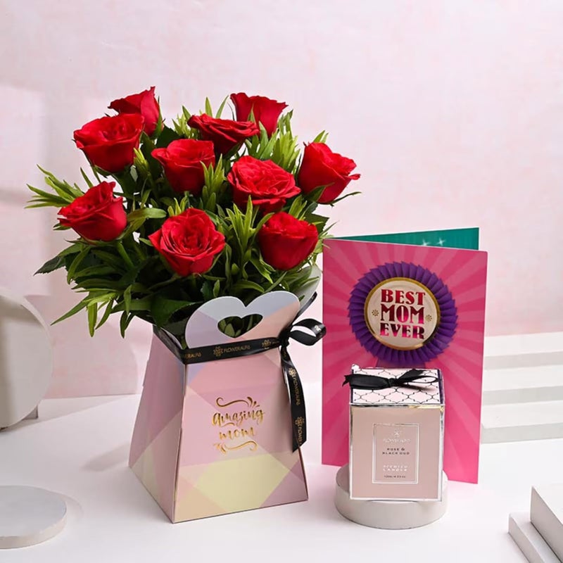 FlowerAura Fresh Live 10 Red Roses In Box Flower Bouquet With Candle Greeting Card Gift For Mother Gift For Mom Gift For Maa Gift For MotherInLaw Mothers Day Gift Same Day Delivery - Image 1