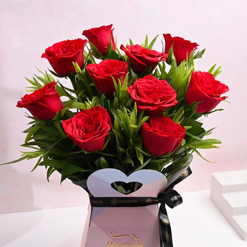 FlowerAura Fresh Live 10 Red Roses In Box Flower Bouquet With Candle Greeting Card Gift For Mother Gift For Mom Gift For Maa Gift For MotherInLaw Mothers Day Gift Same Day Delivery - Image 3