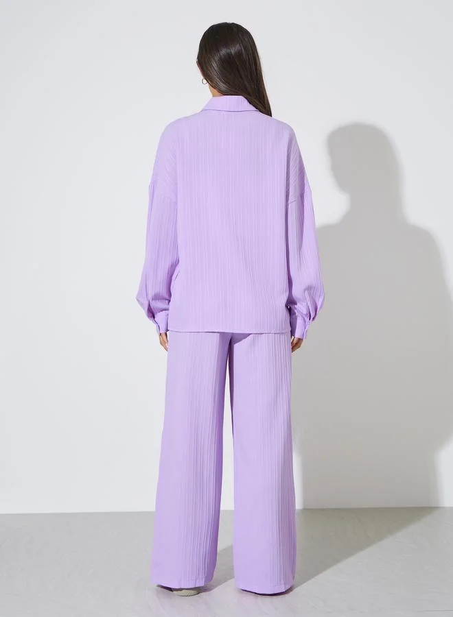 Styli  Purple Solid Long Sleeves Shirt and Wide Leg Trousers Set for Women | Best Price UAE