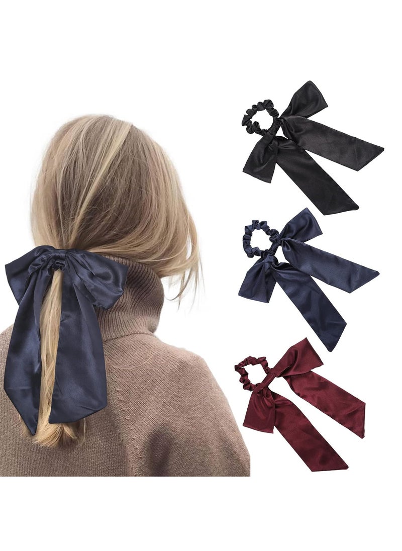 HAIMEIKANG Hair Scrunchies with Bow Elastic Hair Ribbons Satin Hair Ties Bowknot Ponytail Holder Hair Scarf with Solid Color For Women Girls (Navy + wine red + black) 