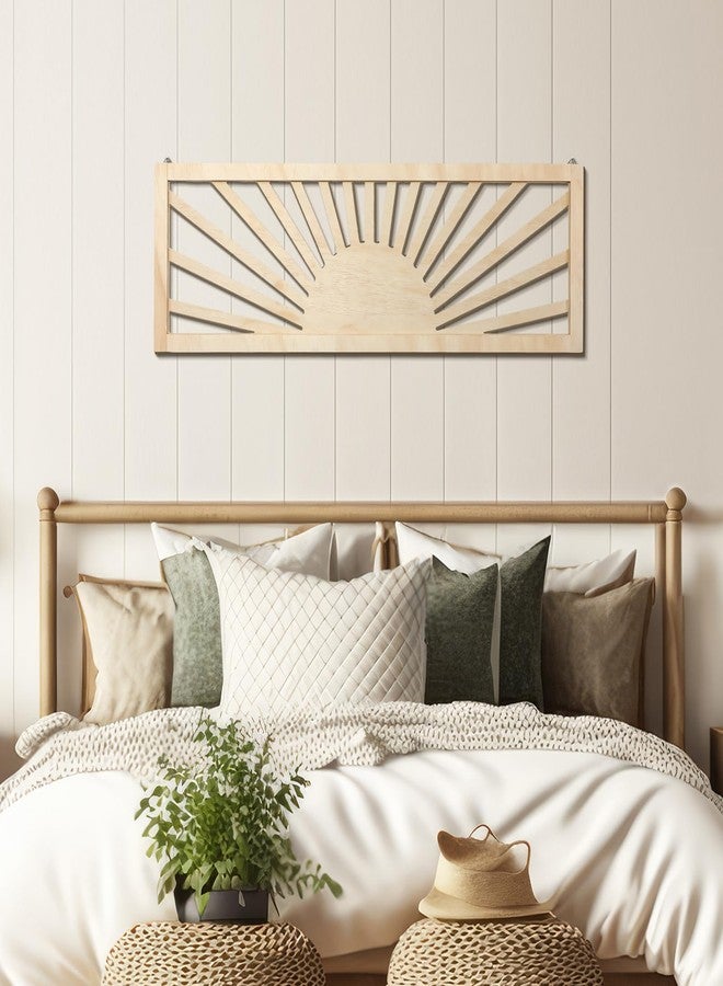 Burbell Sun Wood Wall Art Decor Boho Sunshine Horizontal Wall Art 35'' x 12'' Large Above Bed Wall Decor Panoramic Sunset Bedroom Decor for Home Living Room Office(Wood Color) - Image 3