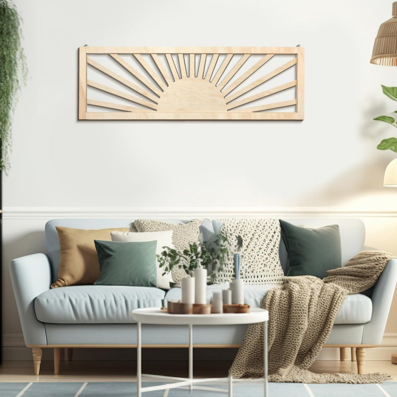 Burbell Sun Wood Wall Art Decor Boho Sunshine Horizontal Wall Art 35'' x 12'' Large Above Bed Wall Decor Panoramic Sunset Bedroom Decor for Home Living Room Office(Wood Color) - Image 1