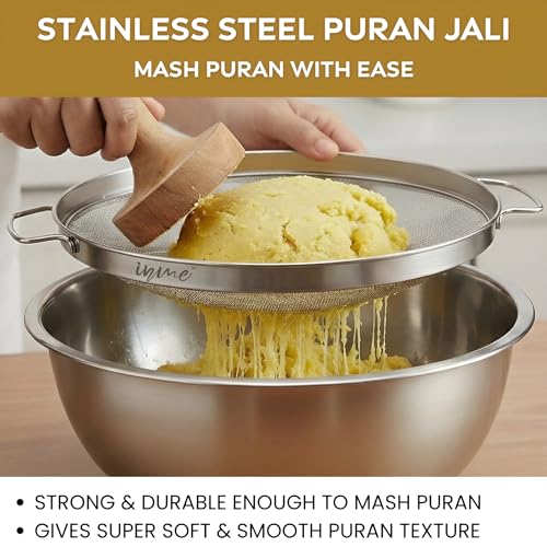 Inme Stainless Steel Puran Multipurpose Strainer Jali for Juice Soup Sauces Food Vegetable & Fruits Washing Basket Bowl for Sink Steel Jali Chalni Channi Colander Sieve for Kitchen - 22 cm Diameter - Image 3