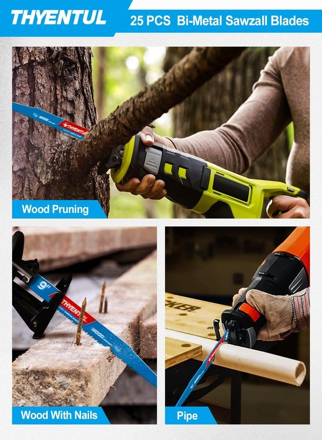 THYENTUL 25 Pack 9 in Wood Pruning Reciprocating Saw Blades, Sawzall Blades for Wood Cutting,Garden Pruning, Tree Trimming（6/12TPI）(Bi-Metal) - Image 5