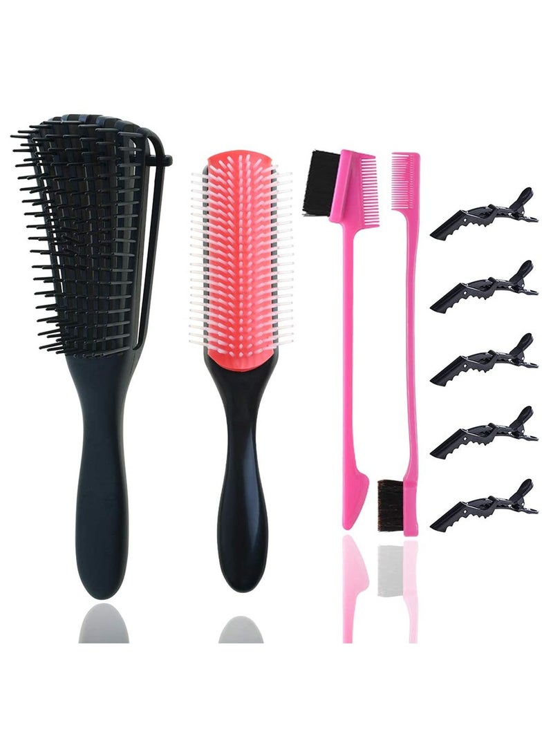 Excefore Detangling Brush Set, 9-Row Cushion Nylon Styling Brushes+Detangler Brush with 2 different Edge Brush Double Sided + 5 Hair Clips for Shaping and Defining Curls-Blow-Drying - Image 1