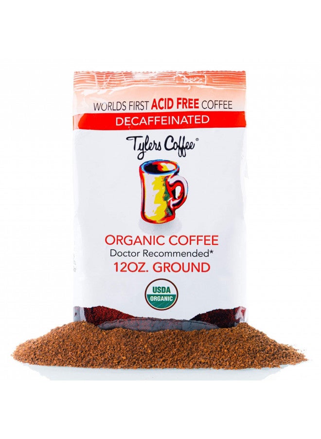 Tylers Coffee Tylers No Acid Organic Ground Coffee - 100% Arabica Full Flavor Decaf - Neutral pH - No Bitter Aftertaste - Gentle on Digestion, Reduce Acid Reflux - Protect Teeth Enamel - For No Acid Diets - 12 oz  - Image 1