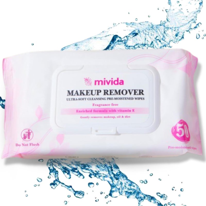 Mivida Hypoallergenic Makeup Remover Wipes  Daily Cleansing Facial Towelettes with Vitamin E For Sensitive Skin  50 Count FragranceFree AlcoholFree Face Wipes