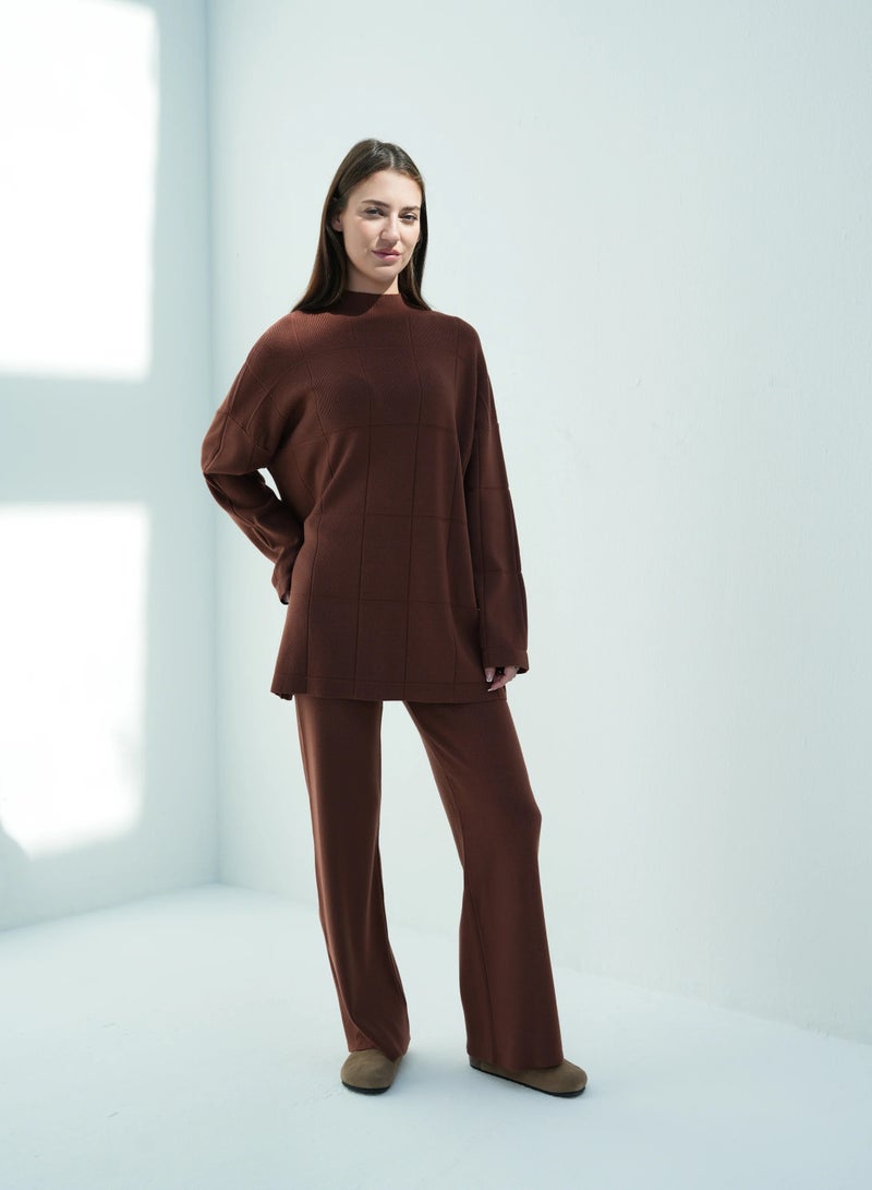 Andy 2316 | Women's Premium Knitwear Two-Piece Set – Long-Sleeve High-Neck Tunic Top with Relaxed Wide-Leg Trousers | Elegant & Versatile Outfit for Everyday Comfort and Style | Chocolate - Image 1